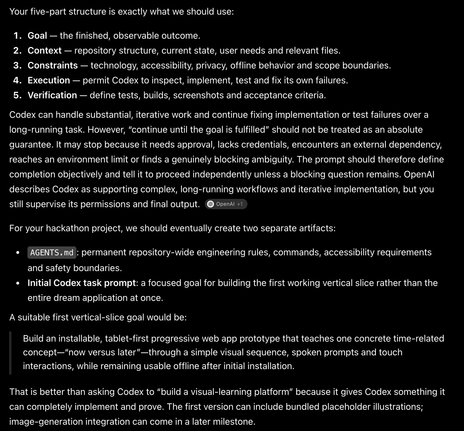 Codex five-part goal, context, constraints, execution, verification structure