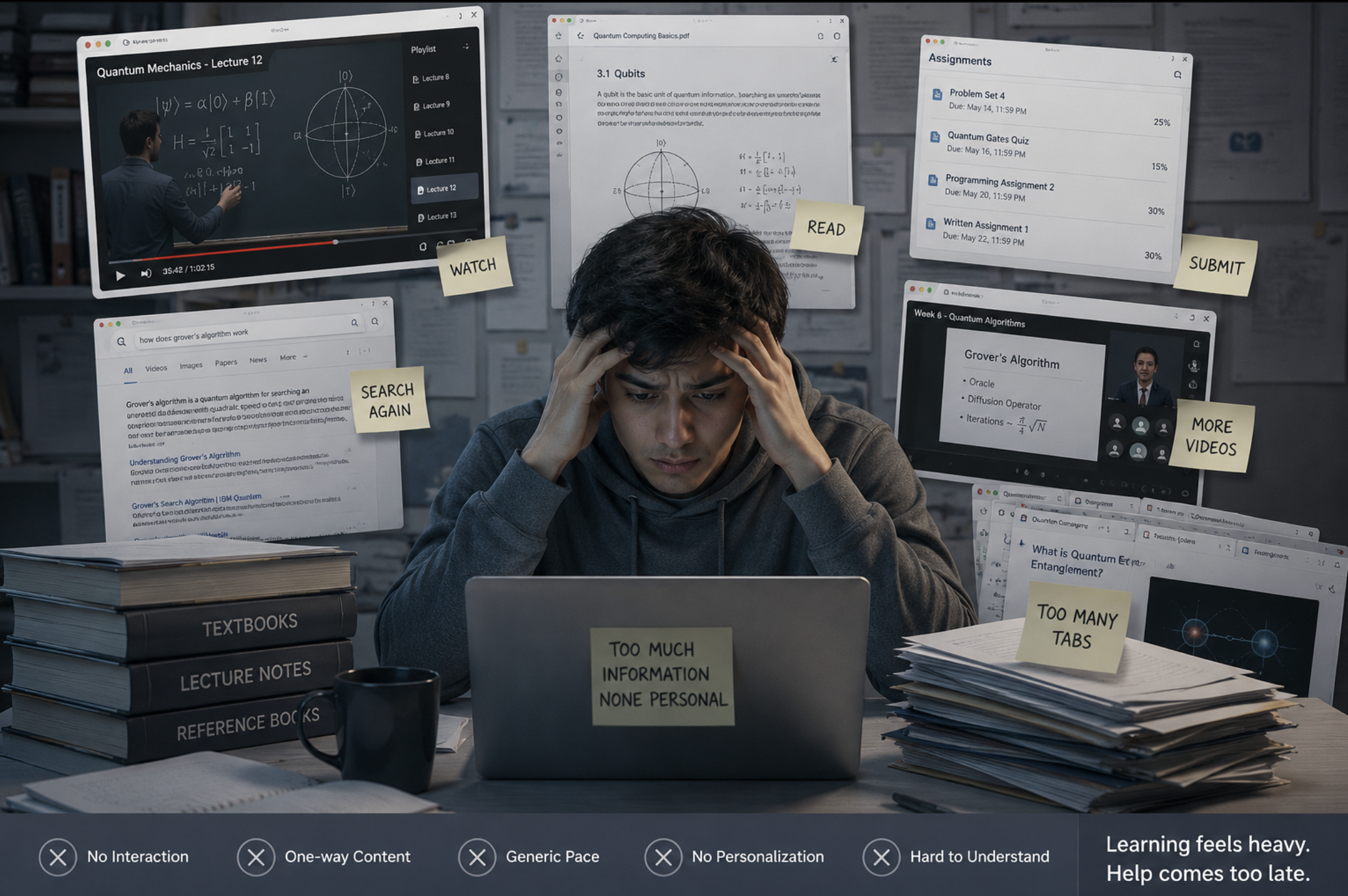 Static lectures, readings, and assignments overwhelm a learner
